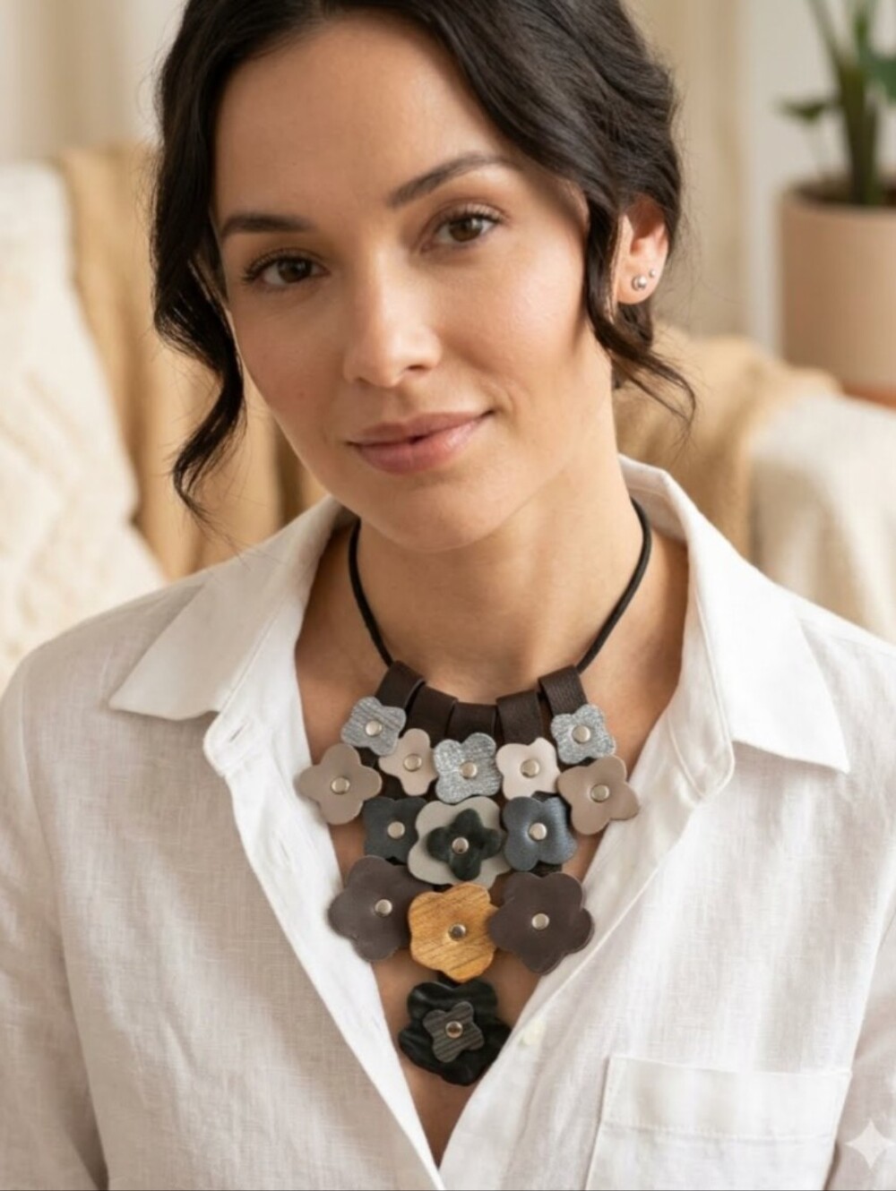Handmade Genuine Leather 2D Statement Flower Necklace Silver Gold